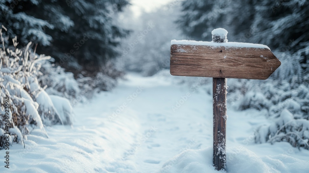 Naklejka premium Snow-covered trail sign directing hikers through a serene winter landscape in a quiet forest setting