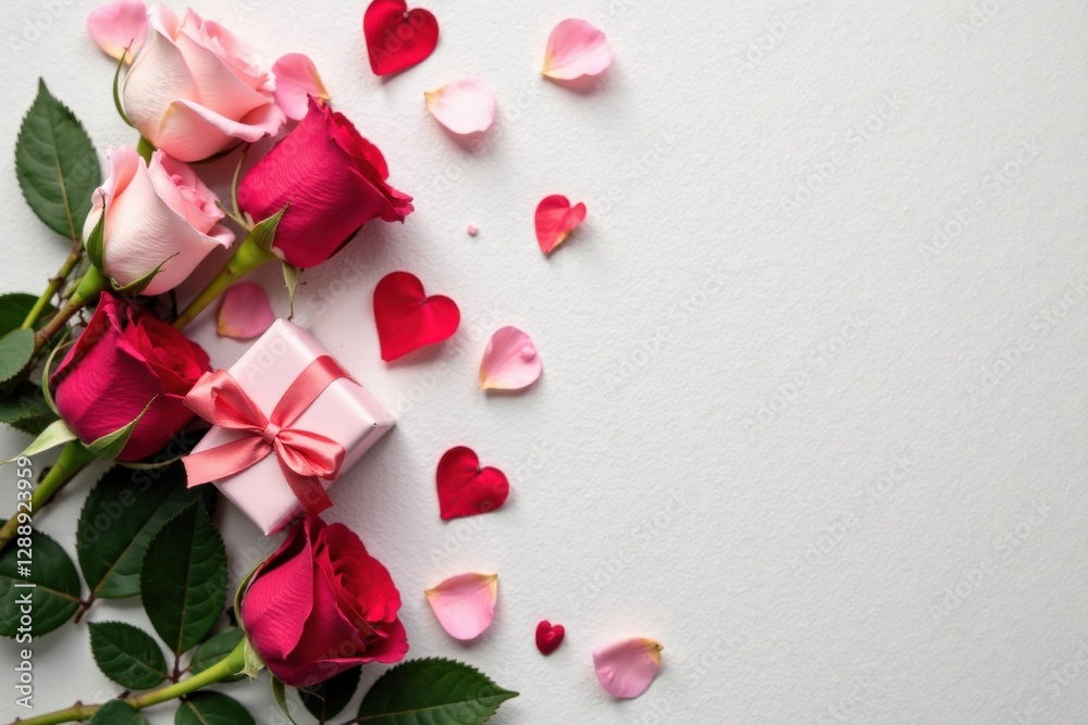 A Delicate Arrangement of Roses, Petals, and a Gift Box for a Special Occasion A Delicate Arrangement of Roses, Petals, and a Gift Box for a Special Occasion
