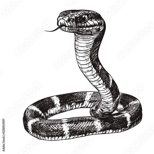 Black sketch effect cobra art, vintage illustration, trendy wildlife print, hand-drawn reptile art, old engraving style, white background.