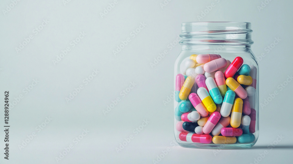 Colorful capsules in a glass jar on a light background. Colorful capsules in a glass jar on a light background.