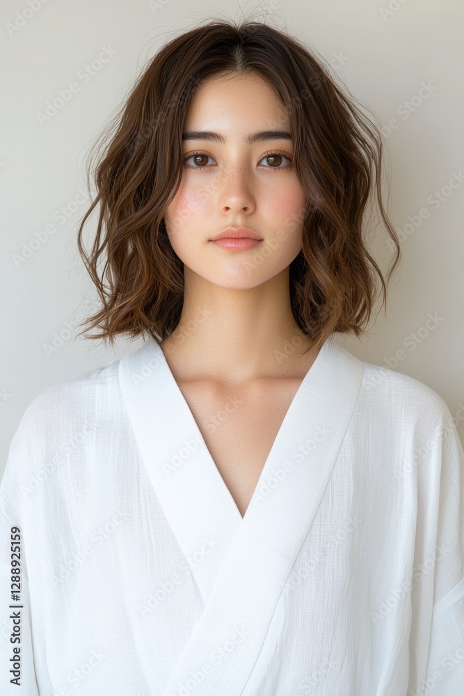 Japanese Beauty Model with Natural Dewy Skin, Fresh portrait of a young woman in a white robe, looking directly at the camera. Japanese Beauty Model with Natural Dewy Skin, Fresh portrait of a young woman in a white robe, looking directly at the camera.