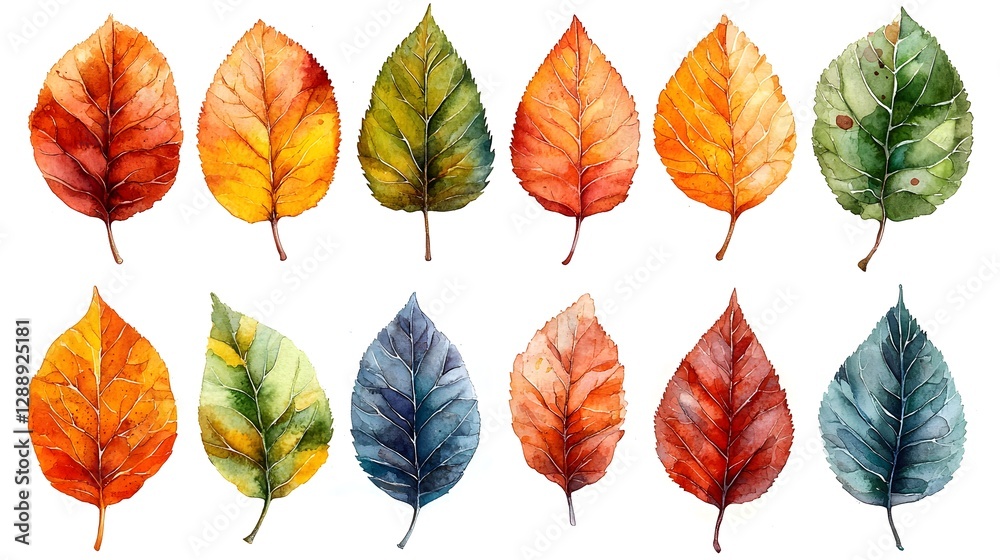 Obraz premium Vibrant Watercolor Autumn Leaves Collection on White Background