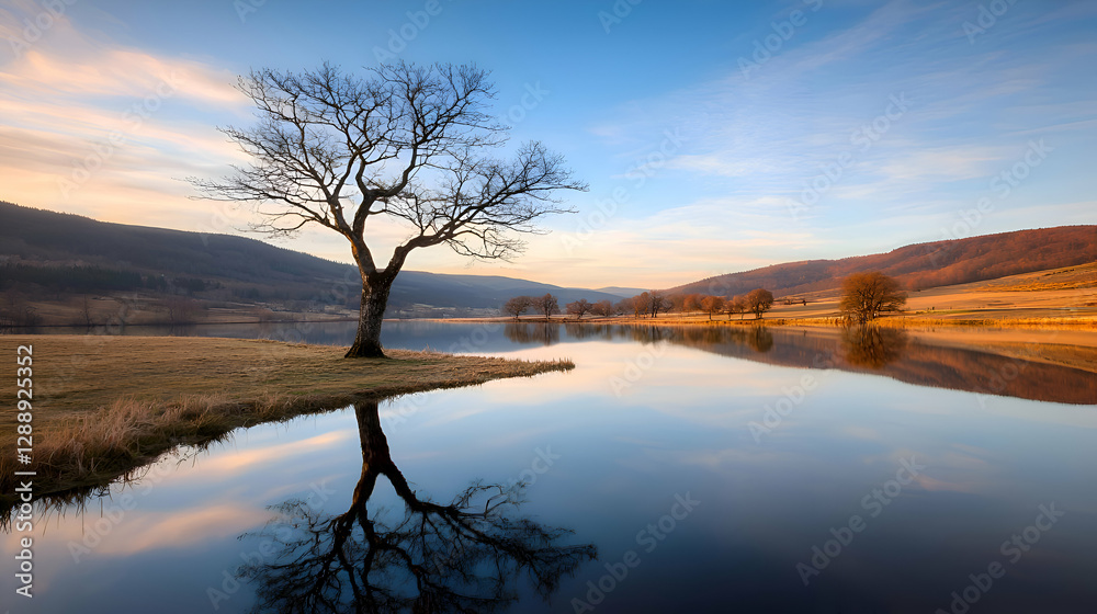 Solitary Tree Reflecting in Calm Lake at Sunset Solitary Tree Reflecting in Calm Lake at Sunset