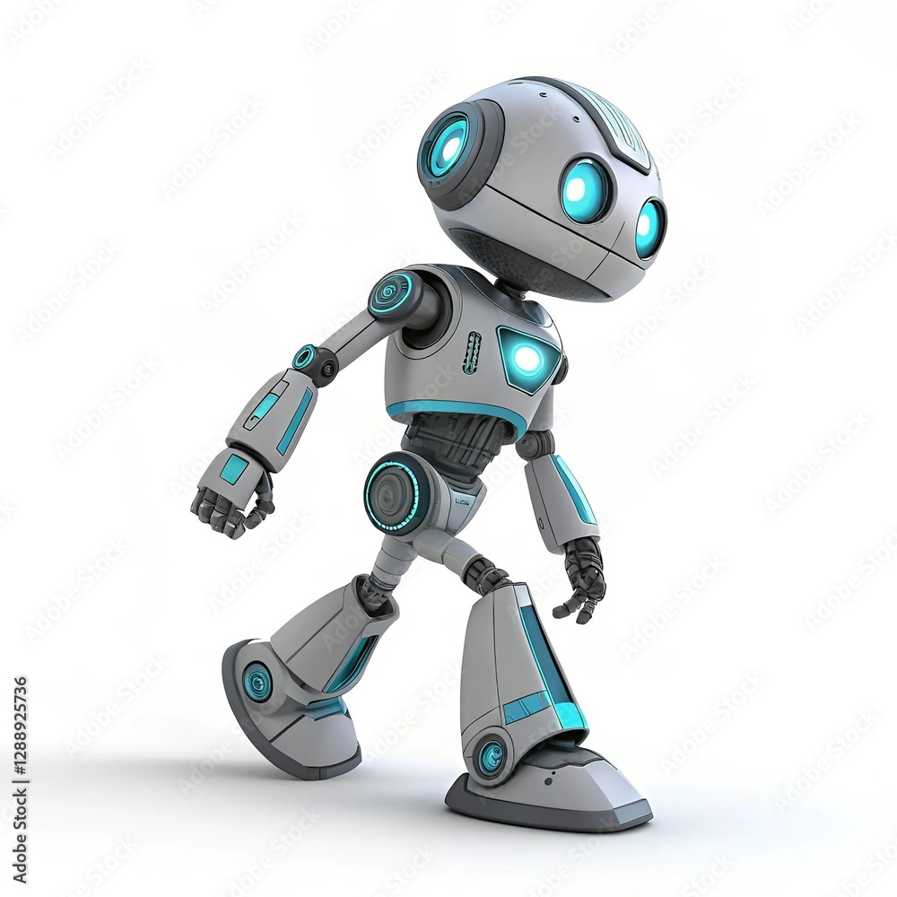A robot stands confidently against a clean white background, showcasing its sleek design and modern features. A robot stands confidently against a clean white background, showcasing its sleek design and modern features.
