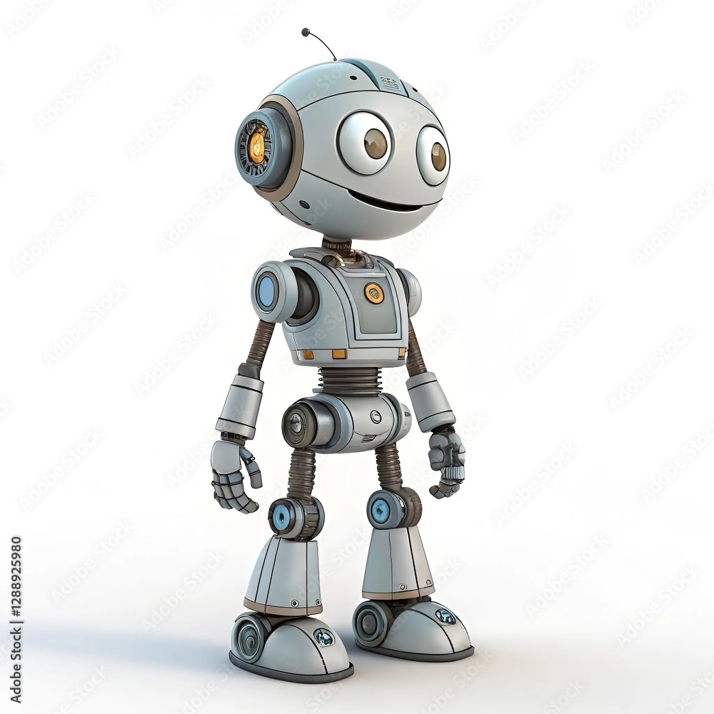 A robot stands confidently against a clean white background, showcasing its sleek design and modern features. A robot stands confidently against a clean white background, showcasing its sleek design and modern features.