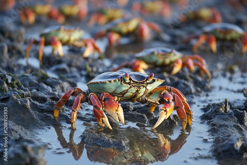 Colorful crabs in muddy coastal habitat with reflective water photo