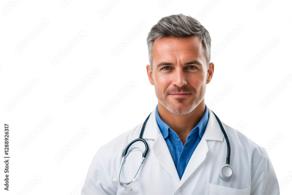 Smiling professional male doctor with stethoscope, isolated on transparent background Smiling professional male doctor with stethoscope, isolated on transparent background