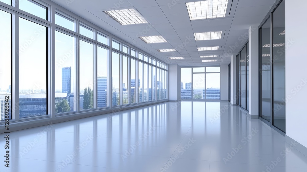 Fototapeta premium Modern office interior with large windows showcasing a city skyline and bright natural light