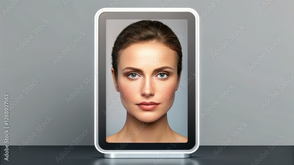A digital portrait of a woman displayed on a sleek tablet, showcasing her serene expression against a minimalistic background.