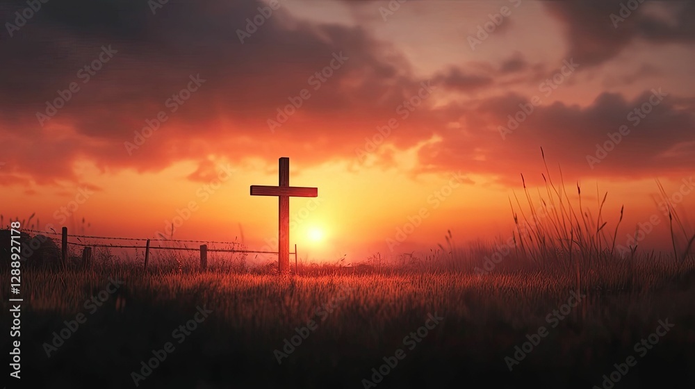Sunset silhouettes cross, field, fence, grass. Sunset silhouettes cross, field, fence, grass.