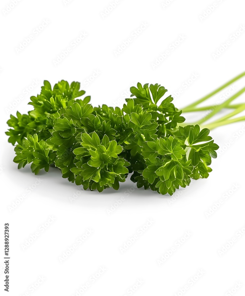 Fresh Parsley Sprigs on a White Background Displayed Clearly Fresh Parsley Sprigs on a White Background Displayed Clearly