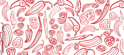 Hand drawn chili pepper, line art vector isolated set. Chili pepper outline. Red on the white background. Jalapeno. Red Bulgarian sweet and bitter pepper. Red pepper.