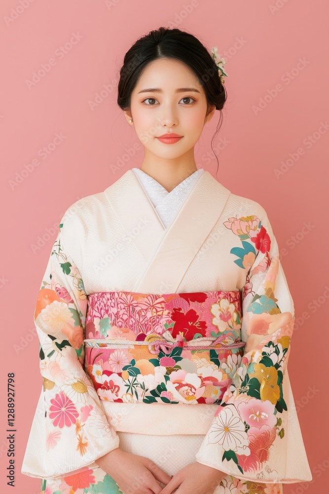 Japanese Beauty Model with Natural Dewy Skin, Young woman in colorful kimono against a pink background. Japanese Beauty Model with Natural Dewy Skin, Young woman in colorful kimono against a pink background.
