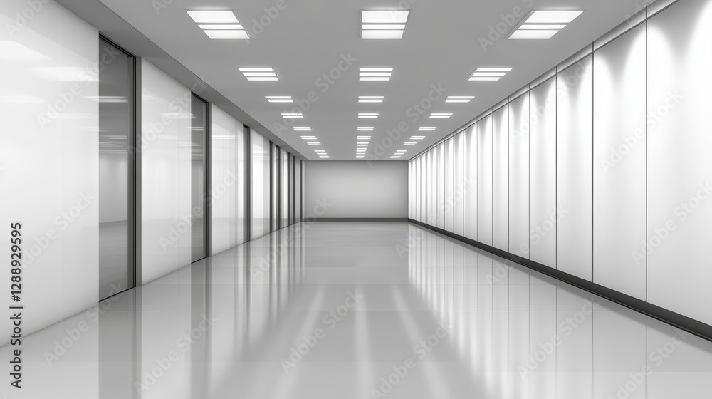 Modern, minimalist hallway with glossy floors and bright overhead lighting, ideal for design use Modern, minimalist hallway with glossy floors and bright overhead lighting, ideal for design use