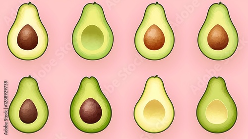 Avocado emoji minimal flat design cut in half with seed isolate other color background