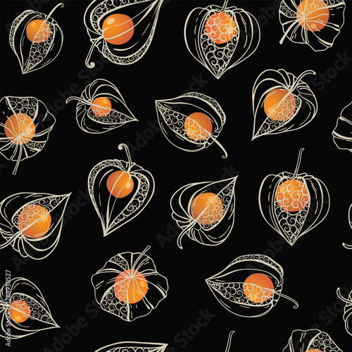 Seamless pattern with stylized dried calyces of the Physalis plant enclosing orange berries on black background