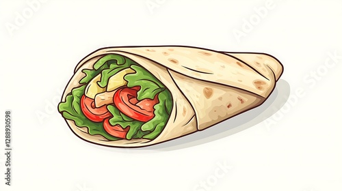 Cartoon burrito emoji with a soft tortilla wrapping around colorful fillings isolate color background