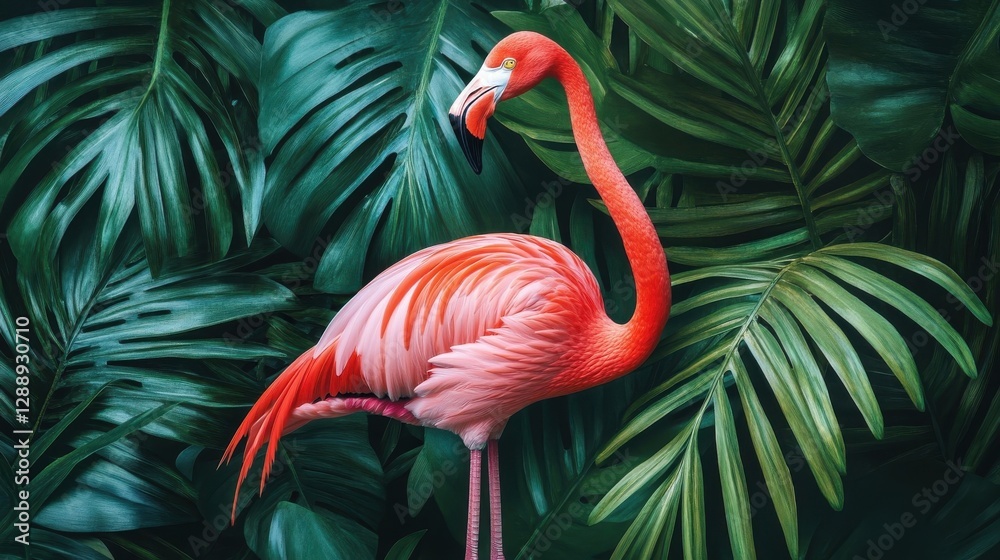 Fototapeta premium Pink Flamingo Amidst Lush Tropical Foliage