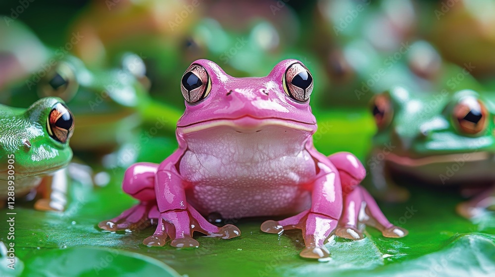Pink Frog Among Green Frogs On A Leaf Pink Frog Among Green Frogs On A Leaf