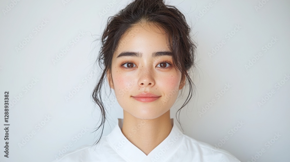 Japanese Beauty Model with Natural Dewy Skin, Young woman in a white outfit with natural makeup and soft expression. Japanese Beauty Model with Natural Dewy Skin, Young woman in a white outfit with natural makeup and soft expression.