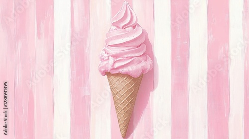 Pink Ice Cream Cone Against Striped Background