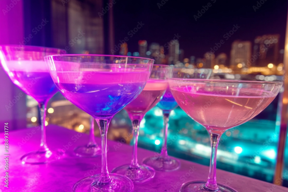 Five elegant cocktail glasses filled with colorful drinks stand on a table at a rooftop bar, framed by a vibrant city skyline and night lights. Generative AI Five elegant cocktail glasses filled with colorful drinks stand on a table at a rooftop bar, framed by a vibrant city skyline and night lights. Generative AI