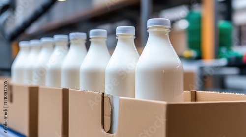 White milk bottles in cardboard boxes, on a conveyor belt in a factory, ready for shipment.