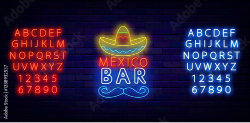 Mexican bar neon signboard. Taste of Mexico. Sombrero and moustache. Vector stock illustration