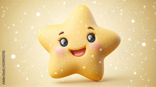 Cartoon star emoji with sparkles and a cheerful face isolate color background