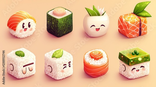 Cartoon sushi roll emoji with rice, seaweed, and fresh fish isolate color background