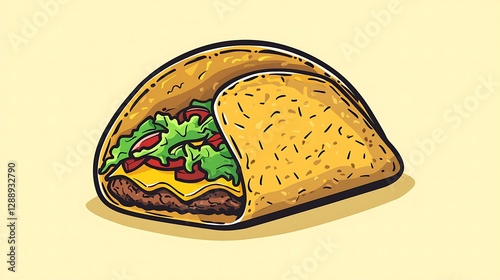 Cartoon taco emoji with a crispy shell, lettuce, cheese, and meat filling isolate color background