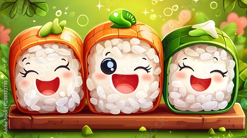 Cartoon sushi roll emoji with rice, seaweed, and fresh fish isolate color background
