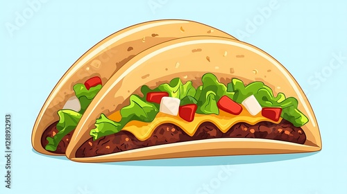 Cartoon taco emoji with a crispy shell, lettuce, cheese, and meat filling isolate color background