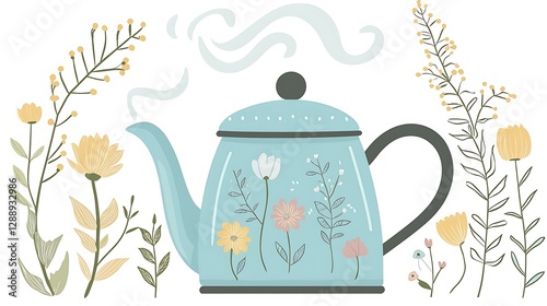 Cartoon teapot emoji with steam gently rising and a small floral design isolate color background