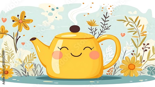 Cartoon teapot emoji with steam gently rising and a small floral design isolate color background