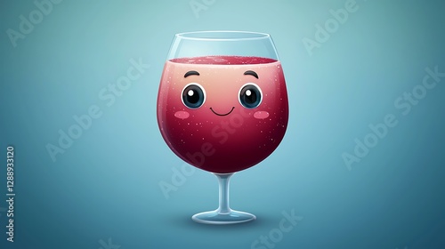 Cartoon wine glass emoji filled with a soft red liquid and sparkles isolate color background