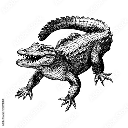 Wildlife crocodile in vintage engraving style antique illustration black sketch effect reptile predator white background vector print design trendy wall art prints.
