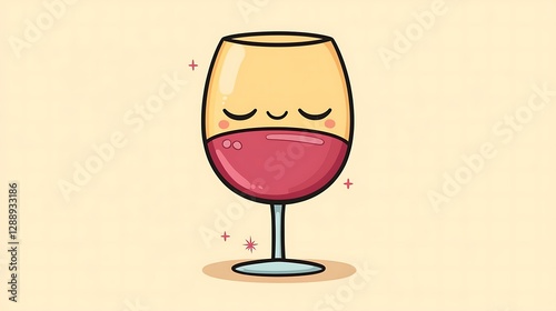 Cartoon wine glass emoji filled with a soft red liquid and sparkles isolate color background