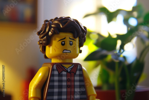 A minifigure displays a worried expression while standing in a cozy indoor space surrounded by warm lighting and a leafy houseplant. The atmosphere is inviting. Generative AI