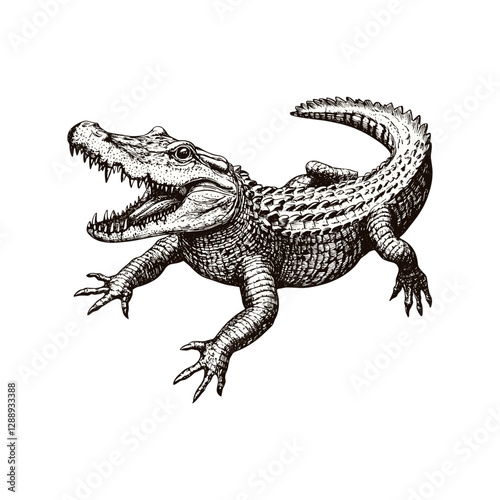 Retro crocodile illustration in engraving style black sketch antique vintage art reptile predator print design trendy white background wildlife artistic home decor.