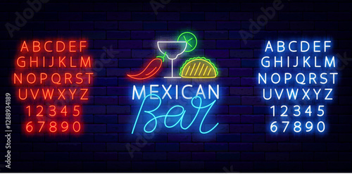 Mexican bar neon signboard. Taste of Mexico. Hot pepper, tequila and tacos. Vector stock illustration