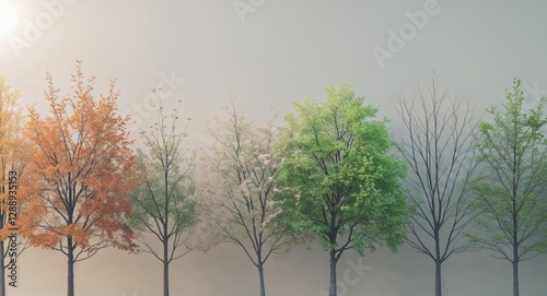 A row of trees shows a changing of seasons.