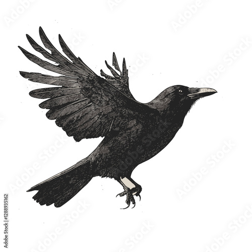 Old engraving-style crow illustration, hand-drawn with black sketch effect on a white background, vintage wildlife bird art print, modern artistic crow design.