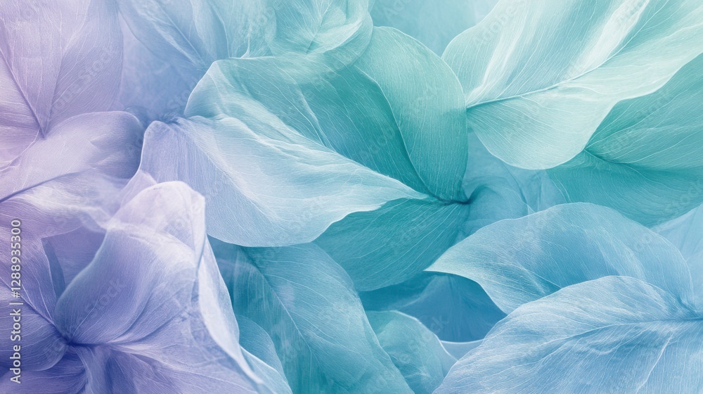 Obraz premium A close-up of abstract green leaves, blending with light blue and purple hues in a soft, artistic design, creating a peaceful and dreamlike atmosphere.