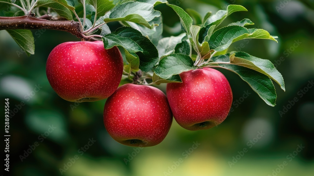 Obraz premium Close-up of bright red apples nestled among green leaves in an apple orchard, showcasing the beauty of harvest time