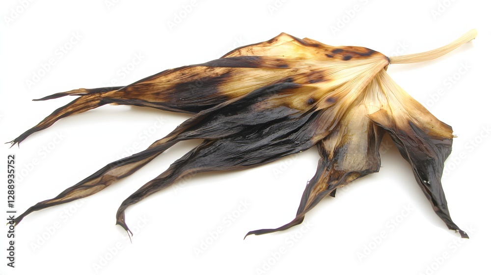 Dried Black and Brown Leaf with Intricate Texture and Organic Shape on White Background Dried Black and Brown Leaf with Intricate Texture and Organic Shape on White Background