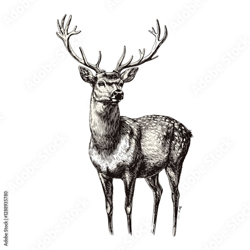 Antique-style deer illustration, trendy wildlife vector art, hand-drawn black sketch on white background, vintage forest animal print, rustic decor, large animal design.