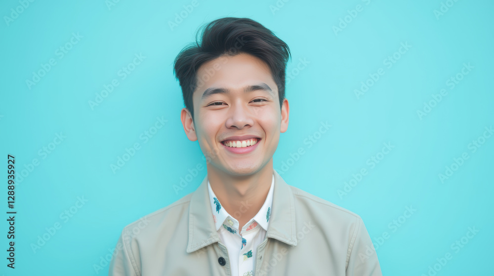 young man smiles brightly against vibrant turquoise background, showcasing cheerful expression and stylish attire young man smiles brightly against vibrant turquoise background, showcasing cheerful expression and stylish attire