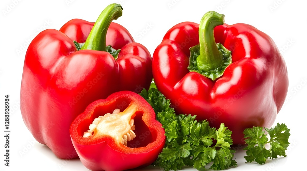 Fresh Red Bell Peppers With Sliced Half and Garnish of Fresh Green Herbs on White Background Fresh Red Bell Peppers With Sliced Half and Garnish of Fresh Green Herbs on White Background