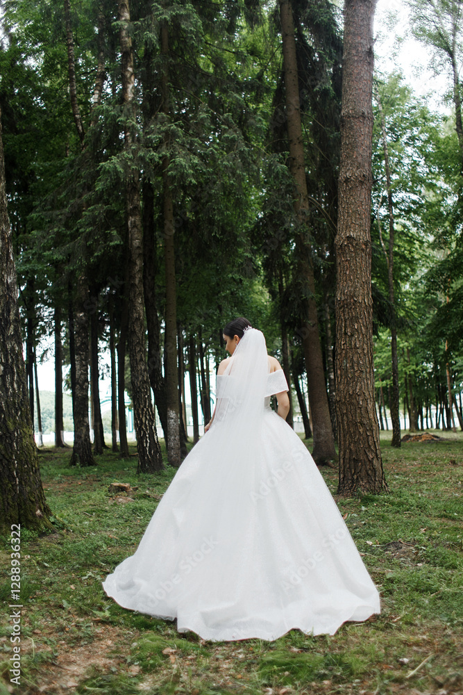 A woman in a wedding dress stands in the forest. Her back is turned and her long veil flows down. There are tall trees with dense greenery all around. A woman in a wedding dress stands in the forest. Her back is turned and her long veil flows down. There are tall trees with dense greenery all around.